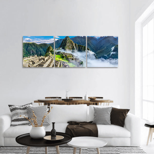 Machu Picchu, agriculture terraces, Wayna Picchu and mountains panoramic canvas wall art