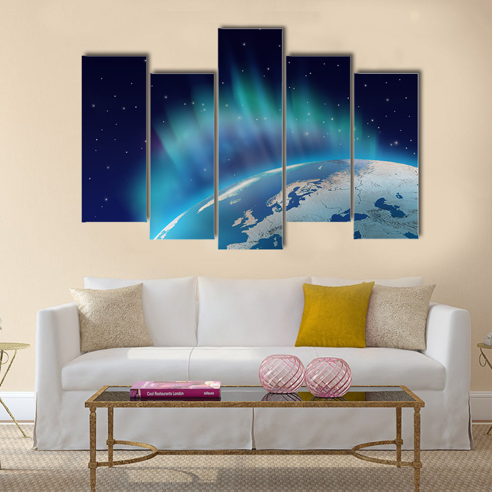 Northern lights aurora borealis over planet Earth northern hemisphere Multi panel canvas wall art
