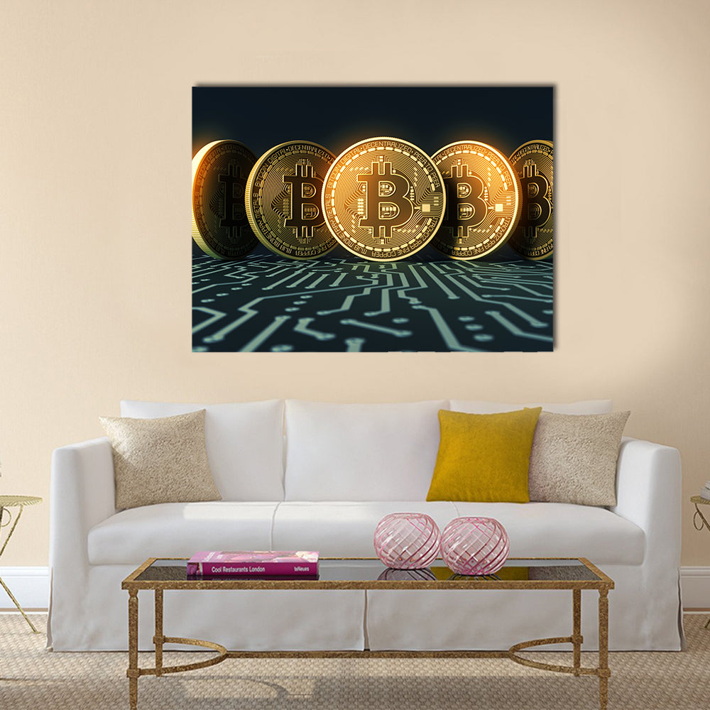 Bitcoins On Blue Printed Circuit Board multi panel canvas wall art
