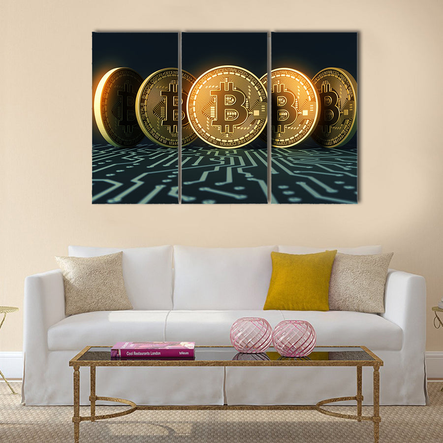 Bitcoins On Blue Printed Circuit Board multi panel canvas wall art