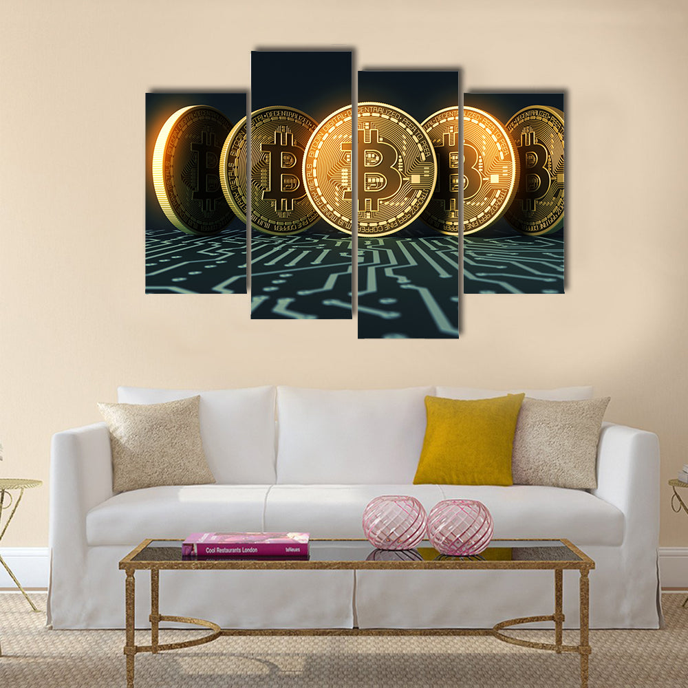 Bitcoins On Blue Printed Circuit Board multi panel canvas wall art