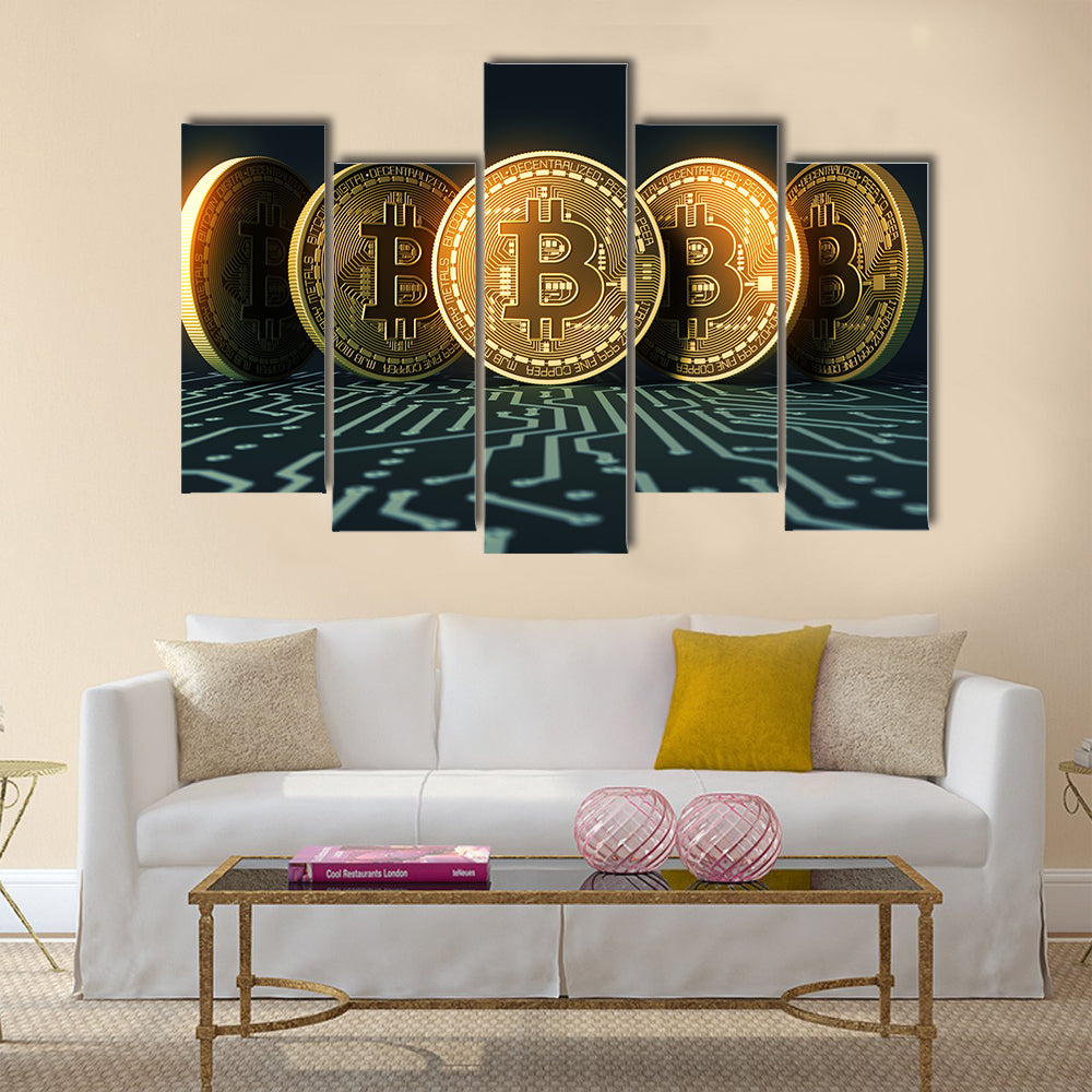 Bitcoins On Blue Printed Circuit Board multi panel canvas wall art