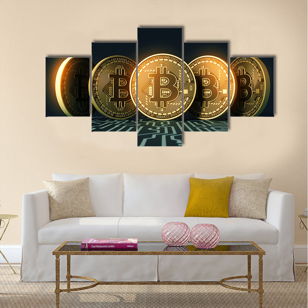Bitcoins On Blue Printed Circuit Board multi panel canvas wall art