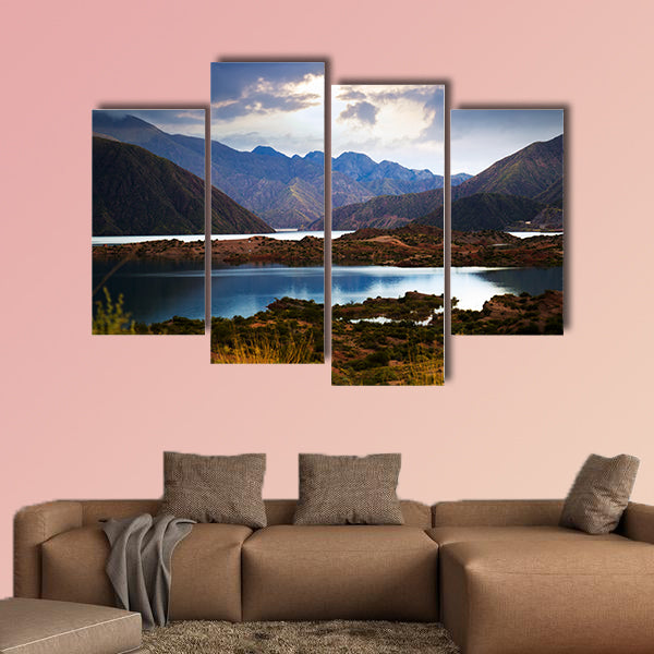 View of lake near Potrerillos and Andes mountains in summer day wall art