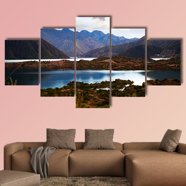 View of lake near Potrerillos and Andes mountains in summer day wall art