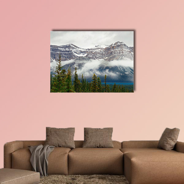 Bow Lake panorama with snow capped mountain and forest wall art
