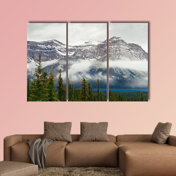 Bow Lake panorama with snow capped mountain and forest wall art