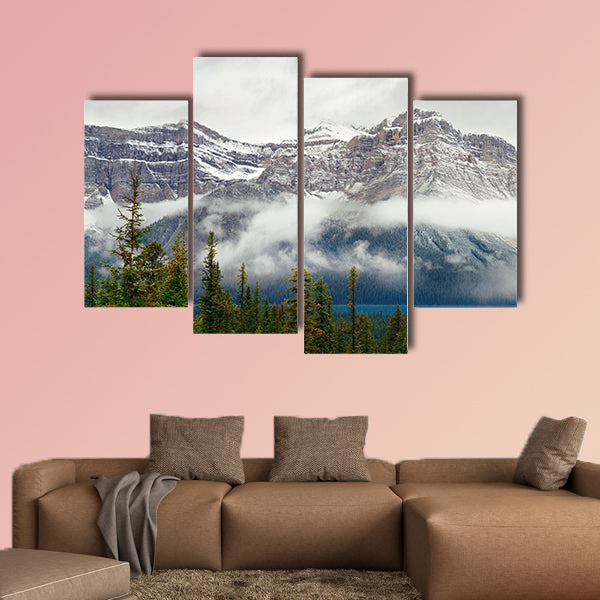 Bow Lake panorama with snow capped mountain and forest wall art
