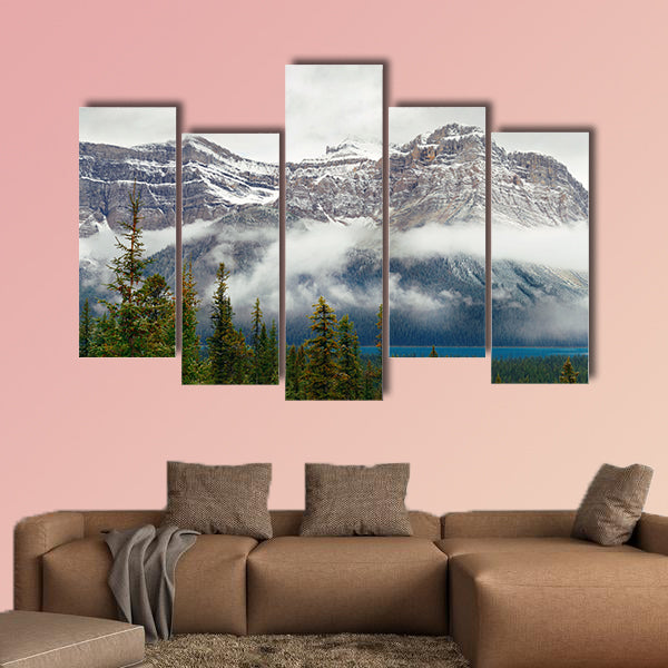 Bow Lake panorama with snow capped mountain and forest wall art