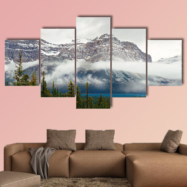 Bow Lake panorama with snow capped mountain and forest wall art