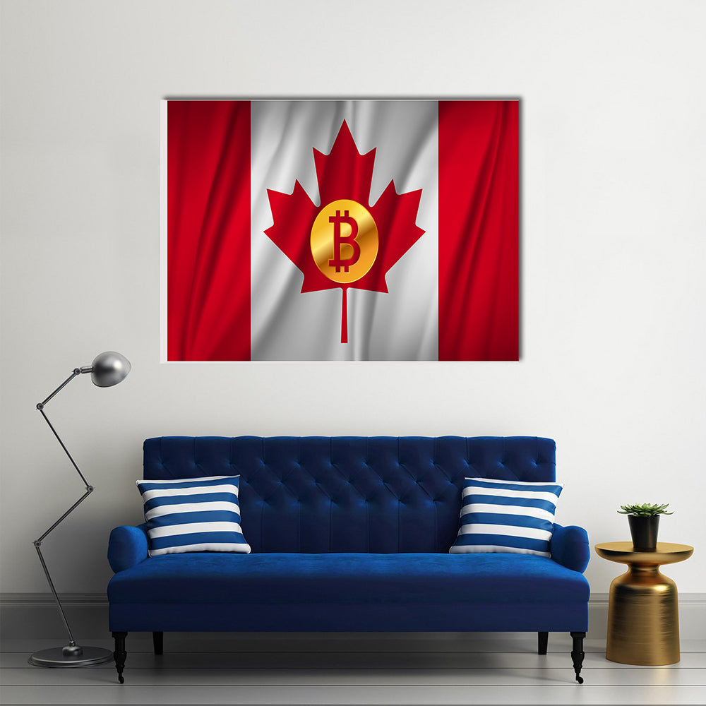 Bitcoin on the national flag of Canada waving country multi panel canvas wall art