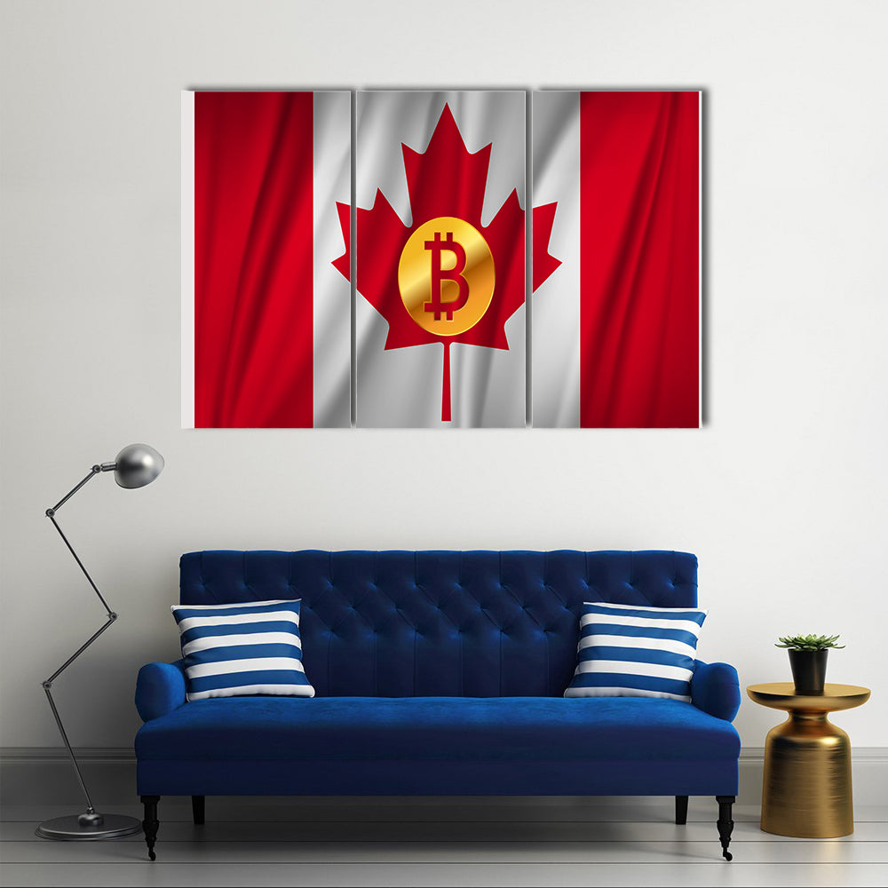 Bitcoin on the national flag of Canada waving country multi panel canvas wall art