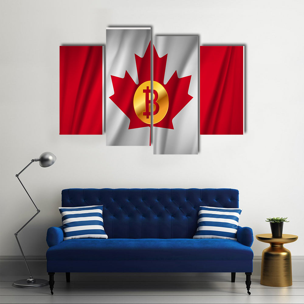 Bitcoin on the national flag of Canada waving country multi panel canvas wall art
