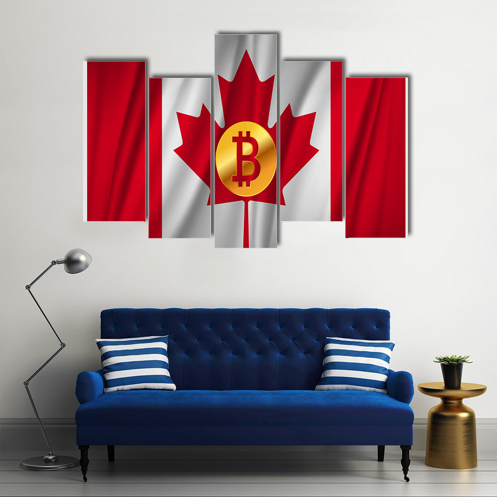 Bitcoin on the national flag of Canada waving country multi panel canvas wall art