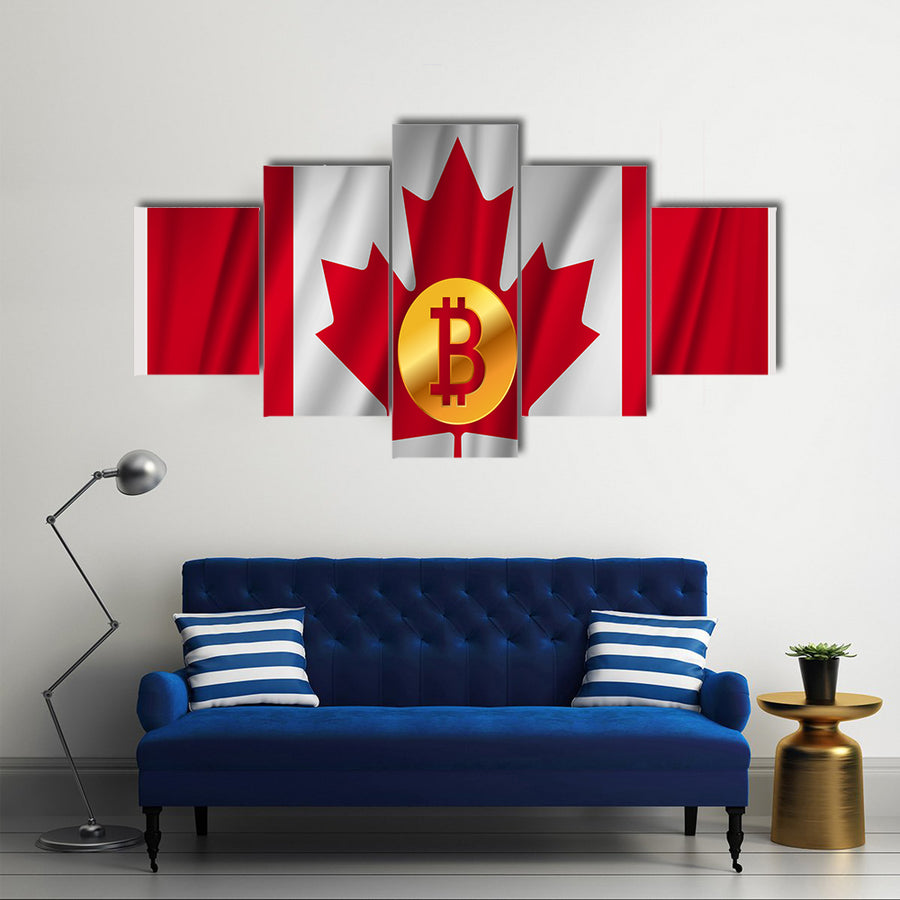 Bitcoin on the national flag of Canada waving country multi panel canvas wall art