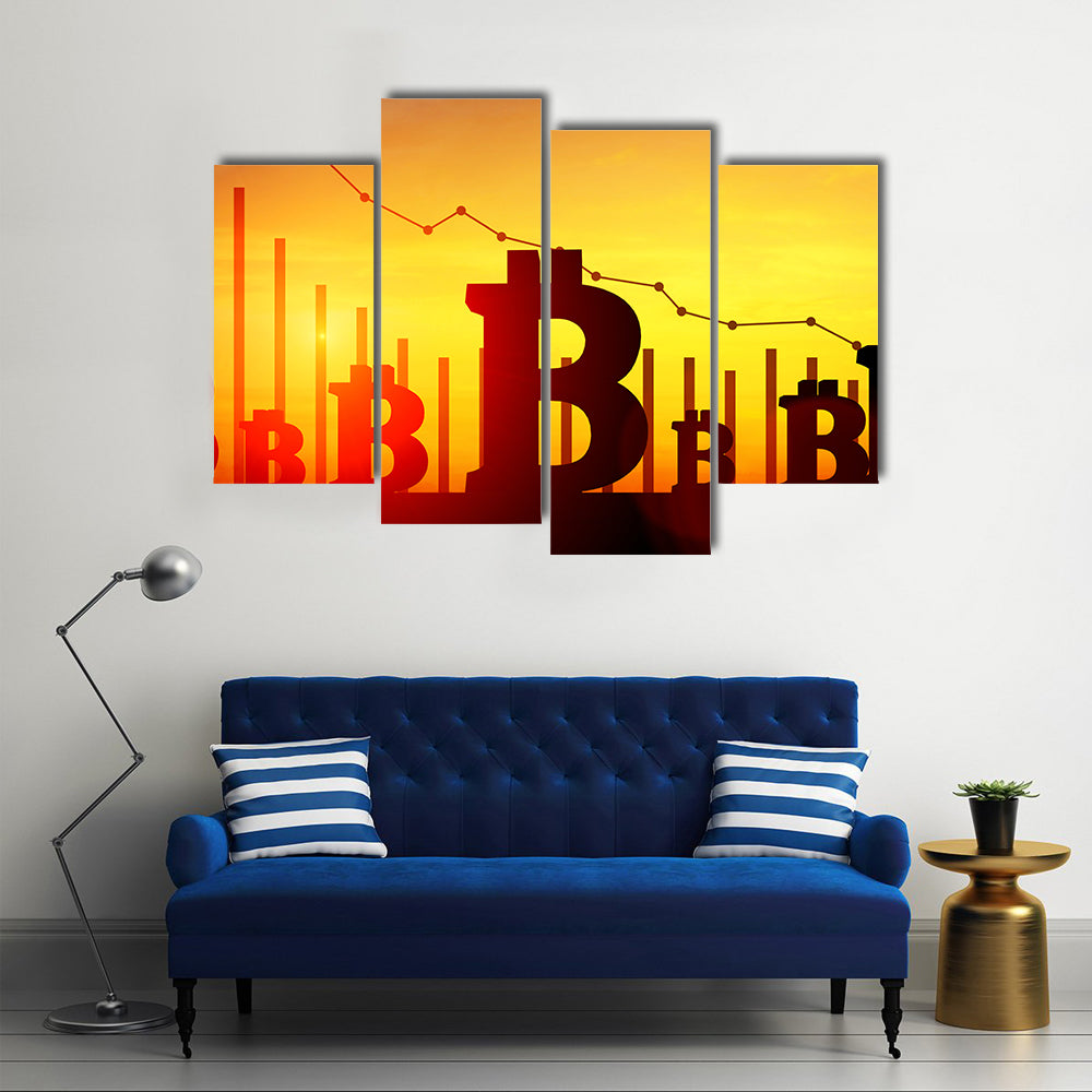 3d illustration of bitcoin with falling charts on background multi panel canvas wall art