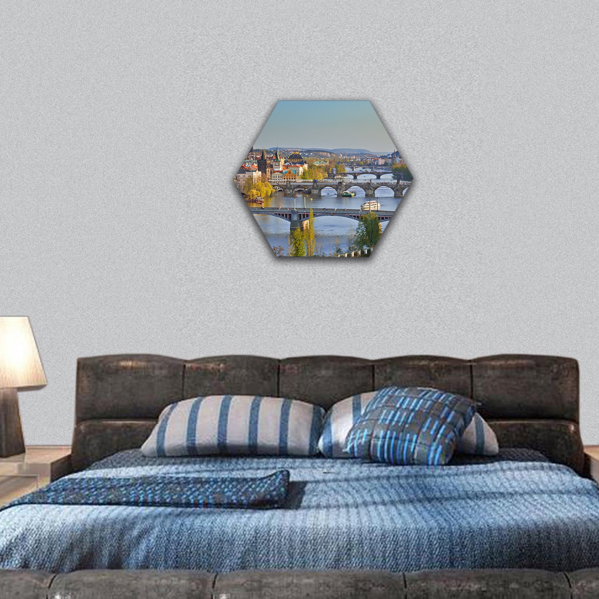 View on Prague at sunset hexagonal canvas wall art