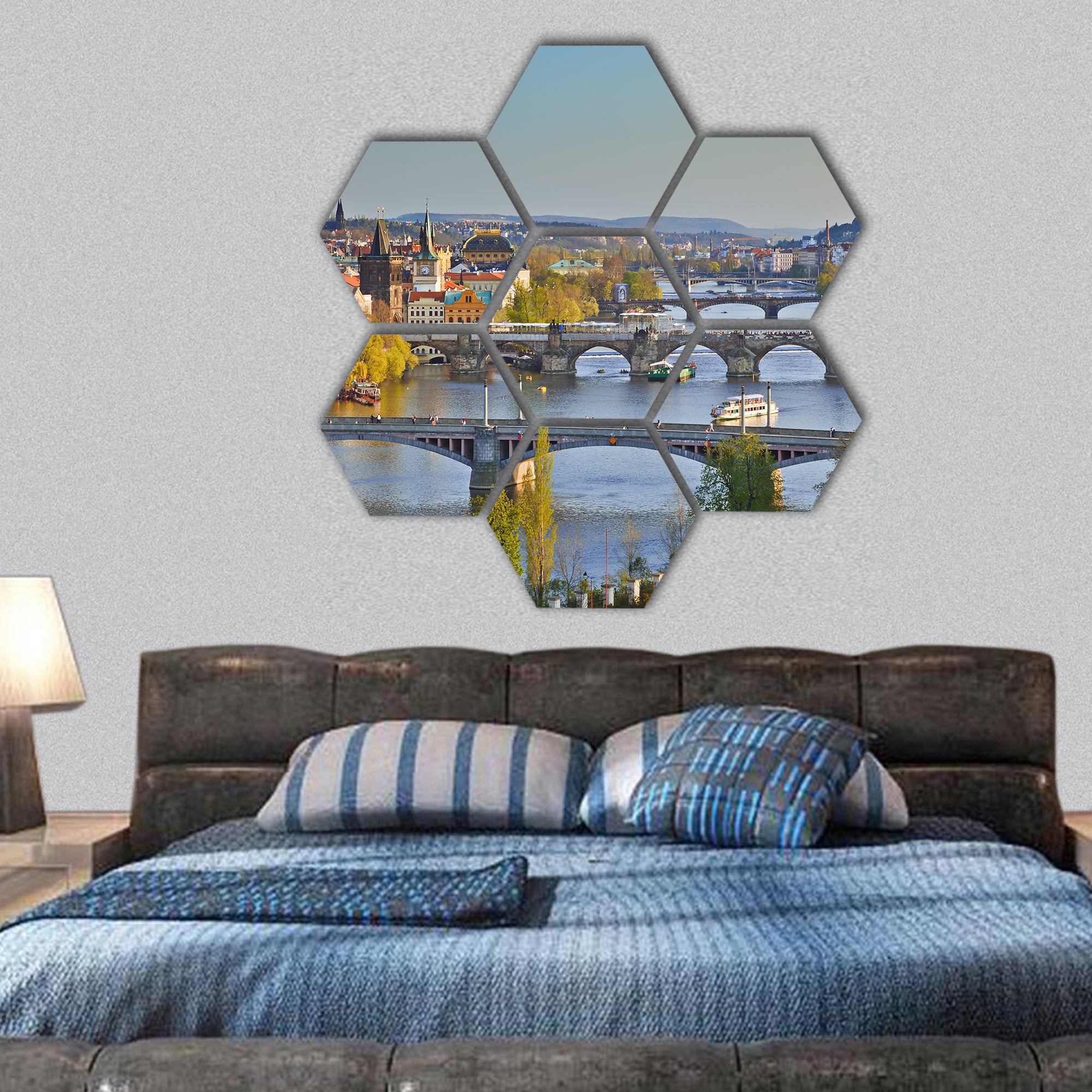 View on Prague at sunset hexagonal canvas wall art