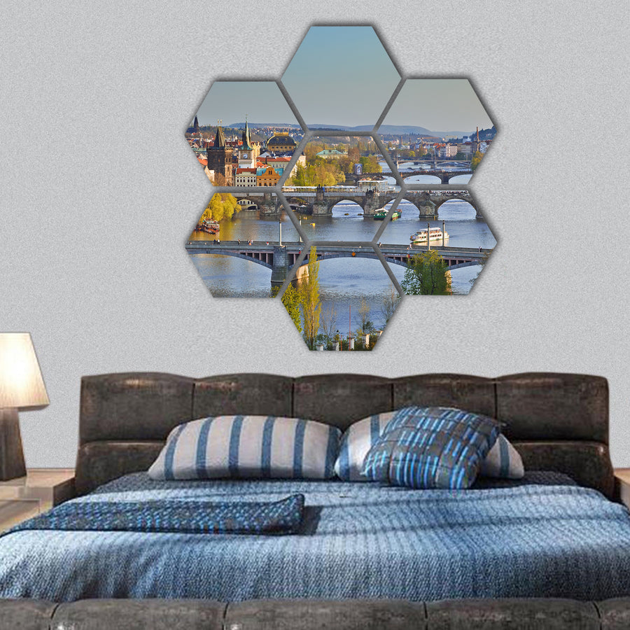 View on Prague at sunset hexagonal canvas wall art