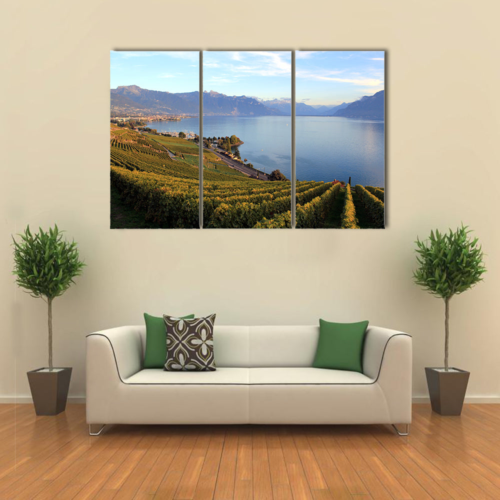 View Of A Lavaux Lake Covered With Green Mountains On Lake Geneva, Switzerland, Multi Panel Canvas Wall Art