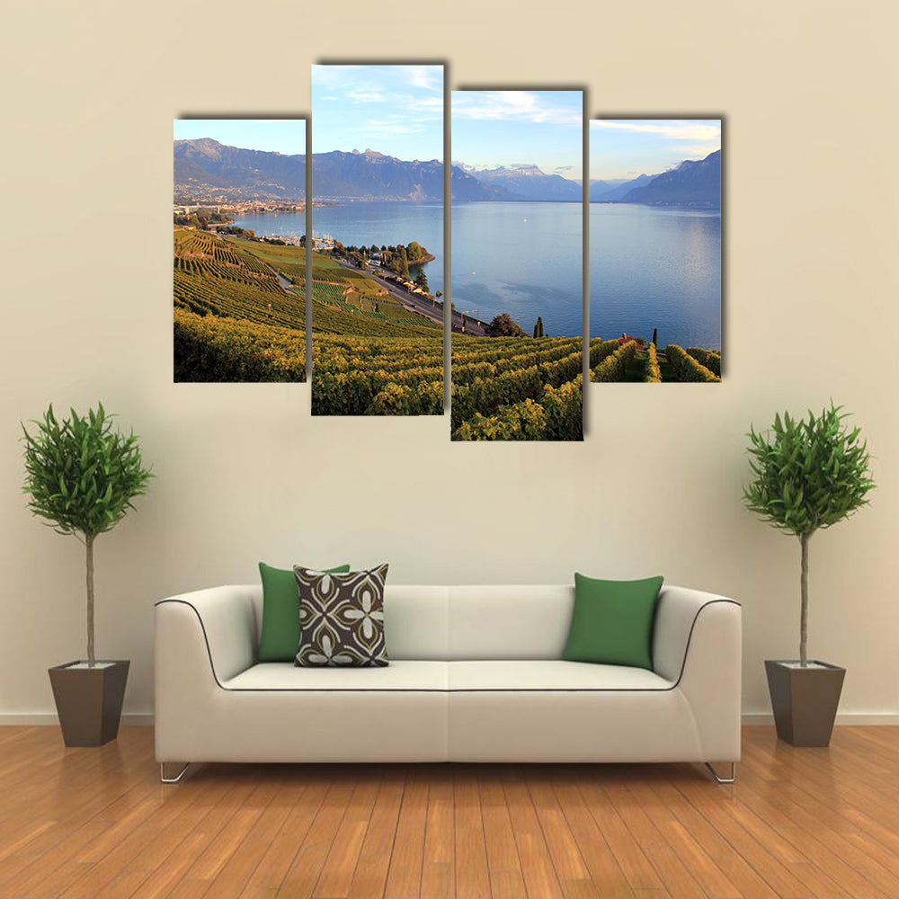 View Of A Lavaux Lake Covered With Green Mountains On Lake Geneva, Switzerland, Multi Panel Canvas Wall Art
