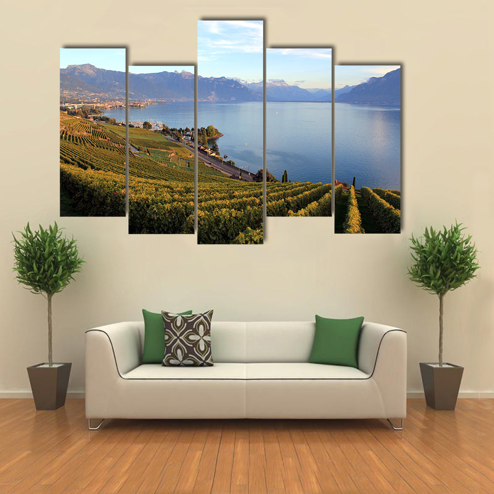 View Of A Lavaux Lake Covered With Green Mountains On Lake Geneva, Switzerland, Multi Panel Canvas Wall Art