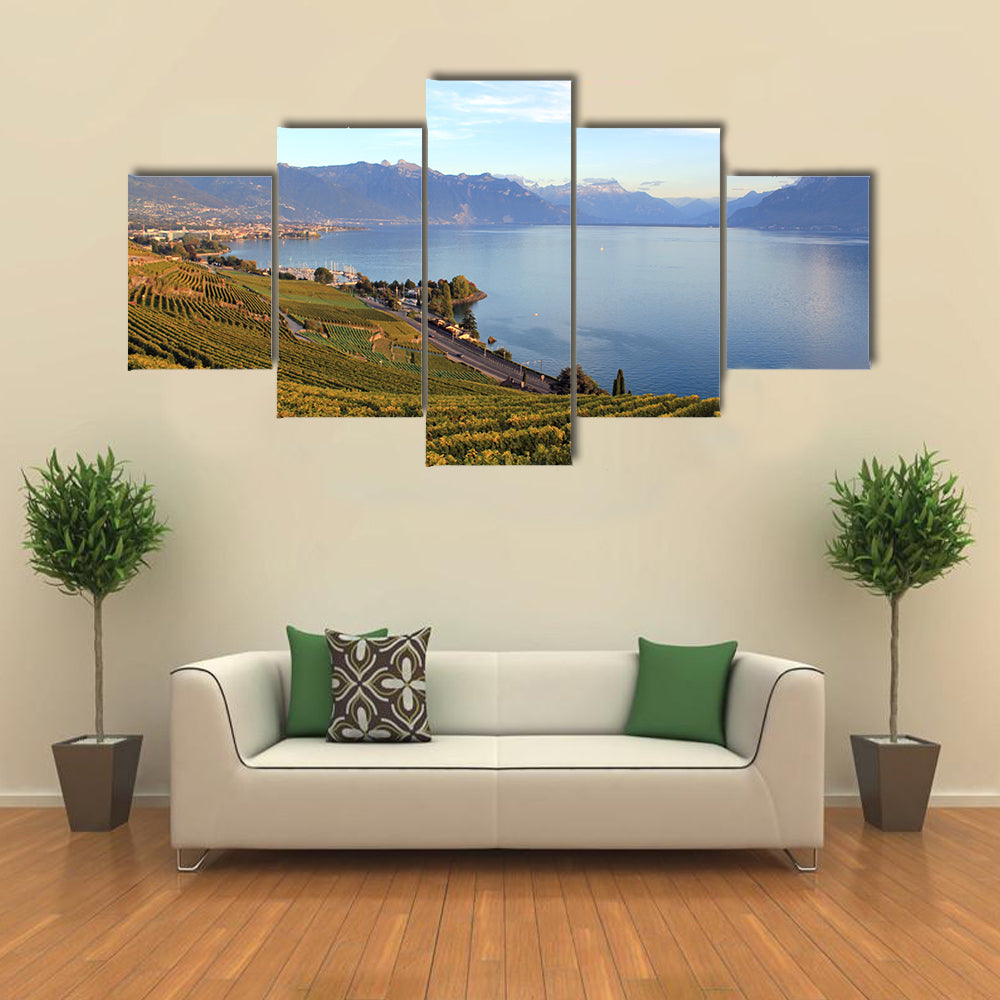View Of A Lavaux Lake Covered With Green Mountains On Lake Geneva, Switzerland, Multi Panel Canvas Wall Art