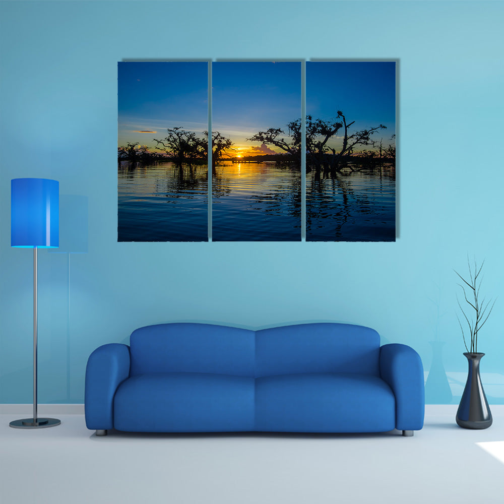 Trees silhouetted against an orange sky at sunset over Laguna Grande multi panel canvas wall art