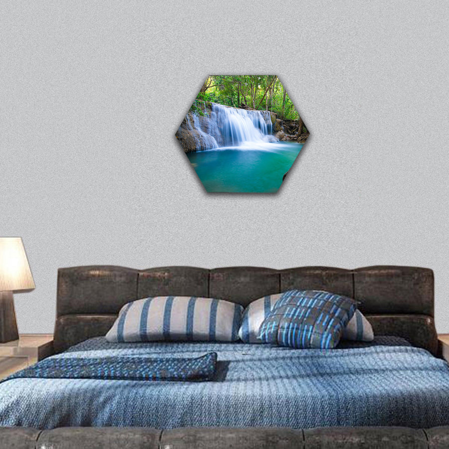 Deep forest Waterfall in Kanchanaburi, Thailand  hexagonal canvas wall art
