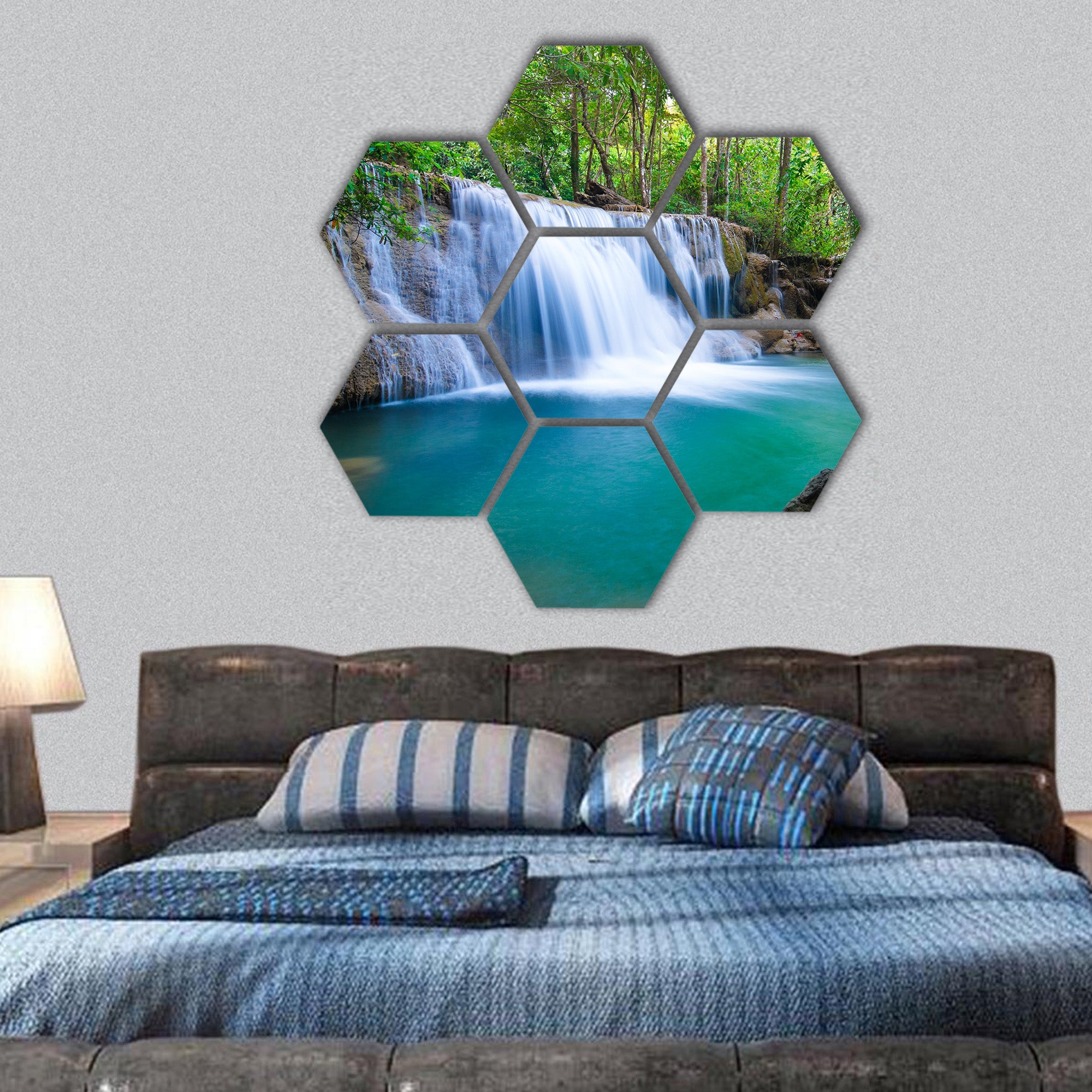 Deep forest Waterfall in Kanchanaburi, Thailand  hexagonal canvas wall art