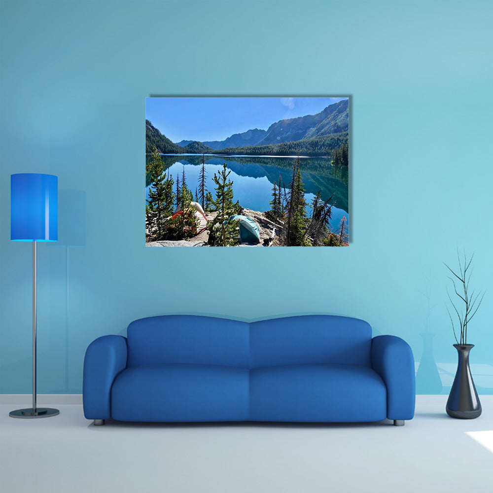 Camping tents near lake in Cascade Mountains multi panel canvas wall art