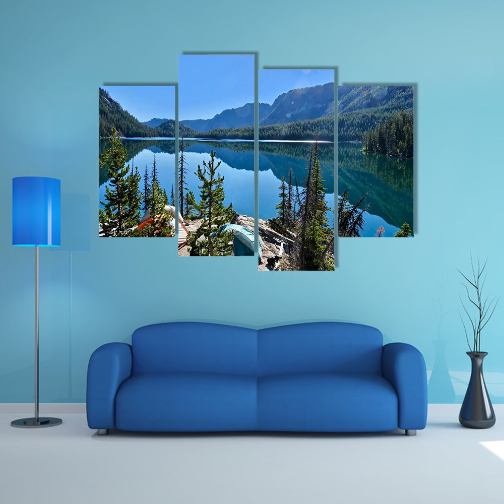 Camping tents near lake in Cascade Mountains multi panel canvas wall art
