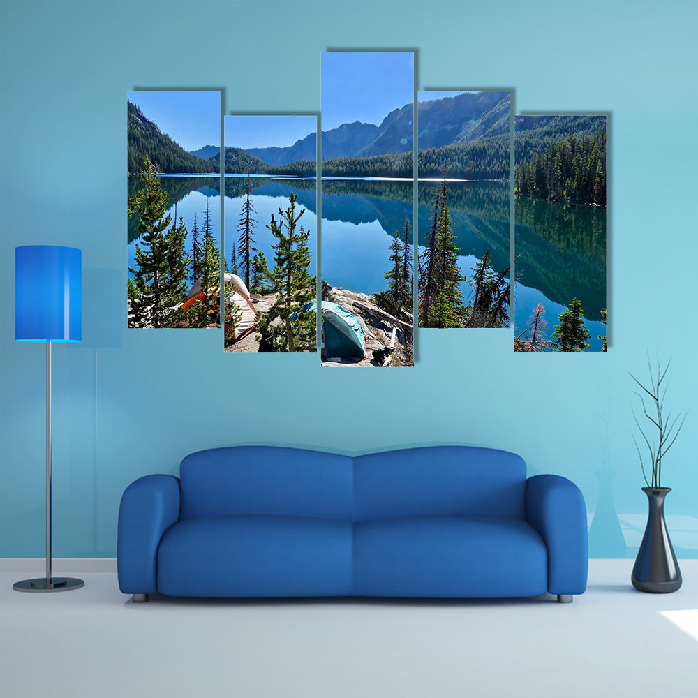 Camping tents near lake in Cascade Mountains multi panel canvas wall art
