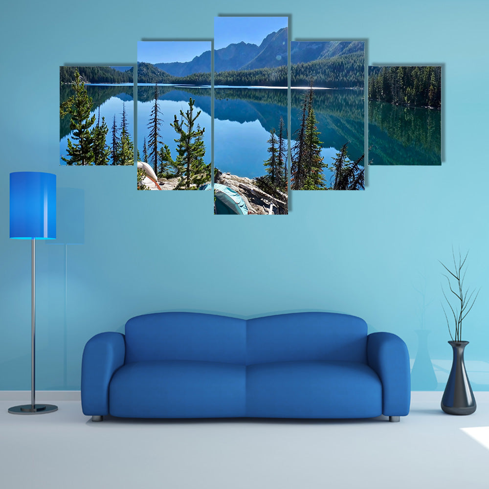 Camping tents near lake in Cascade Mountains multi panel canvas wall art