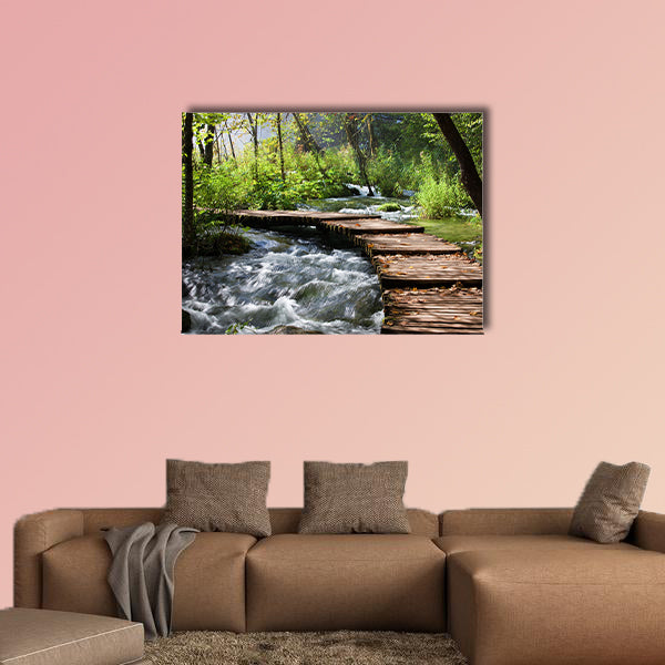 Wooden Foot Bridge across the stream multi panel canvas wall art