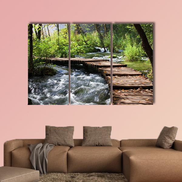 Wooden Foot Bridge across the stream multi panel canvas wall art