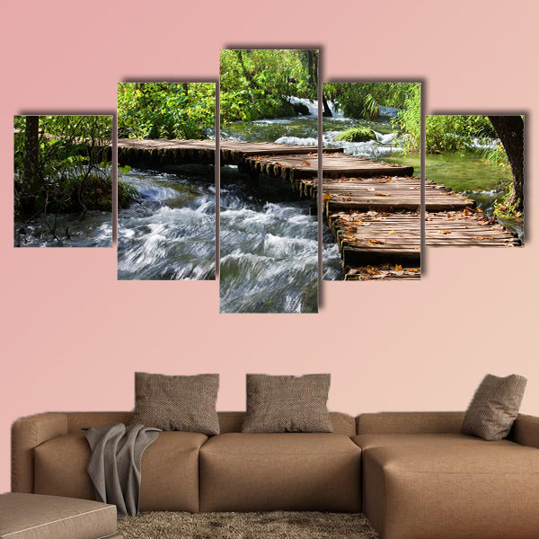 Wooden Foot Bridge across the stream multi panel canvas wall art