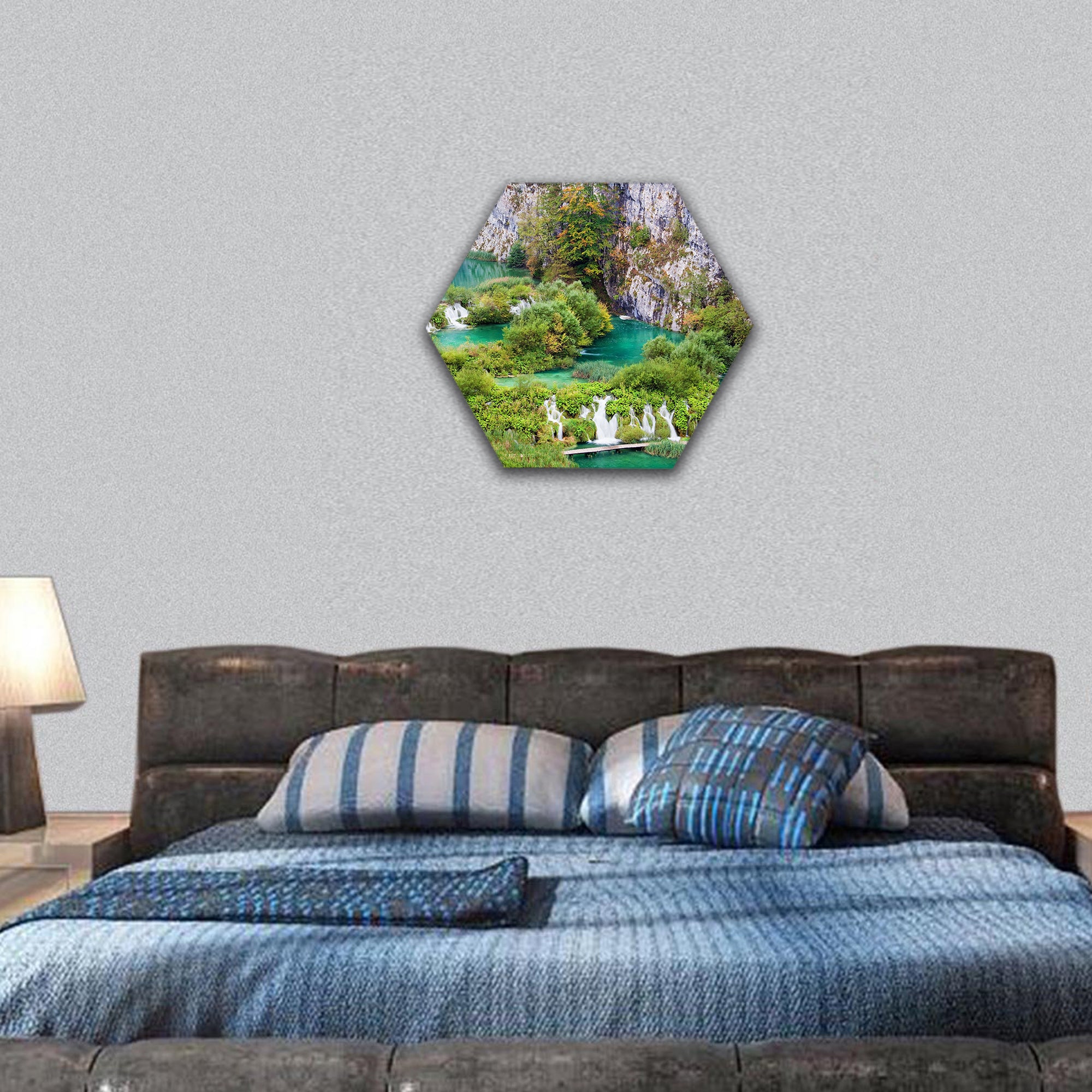 autumn landscape with numerous waterfalls hexagonal canvas wall art