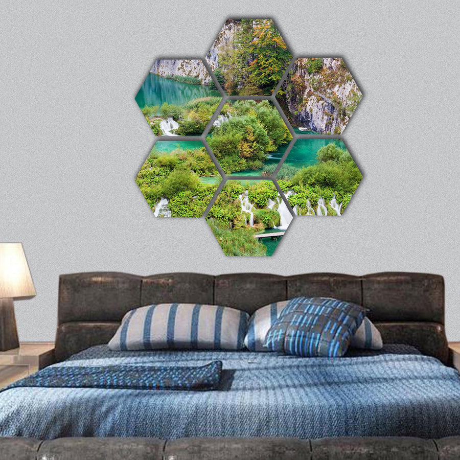 autumn landscape with numerous waterfalls hexagonal canvas wall art