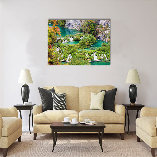 Scenic autumn landscape with numerous waterfalls Multi Panel Canvas Wall Art