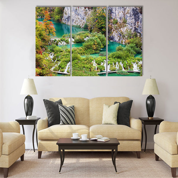 Scenic autumn landscape with numerous waterfalls Multi Panel Canvas Wall Art