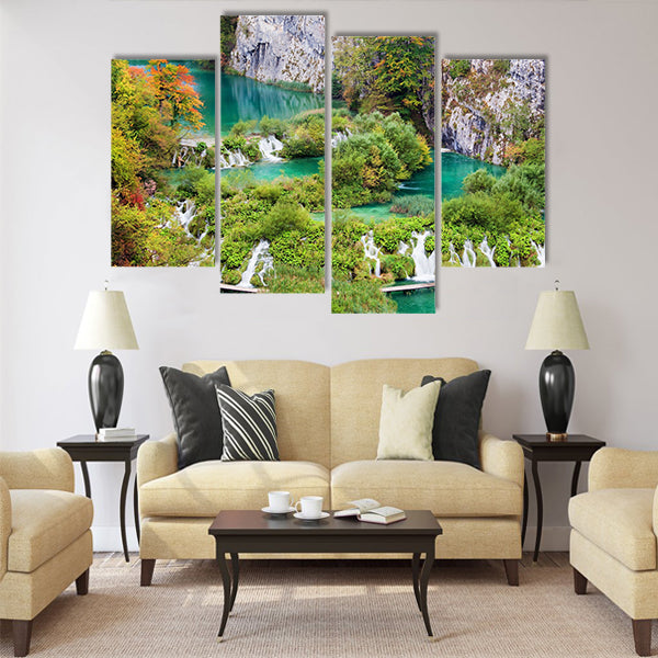 Scenic autumn landscape with numerous waterfalls Multi Panel Canvas Wall Art