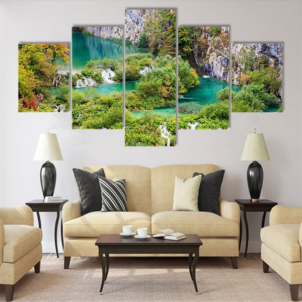 Scenic autumn landscape with numerous waterfalls Multi Panel Canvas Wall Art