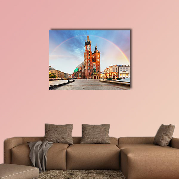 St. Mary's basilica in main square of Krakow with rainbow wall art