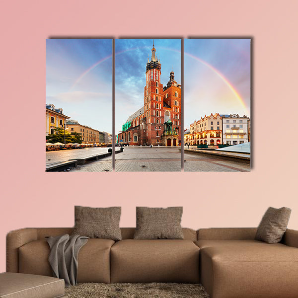 St. Mary's basilica in main square of Krakow with rainbow wall art