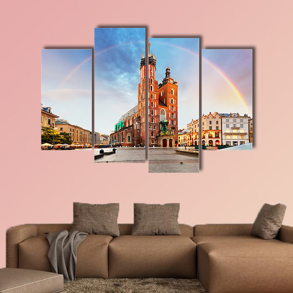St. Mary's basilica in main square of Krakow with rainbow wall art