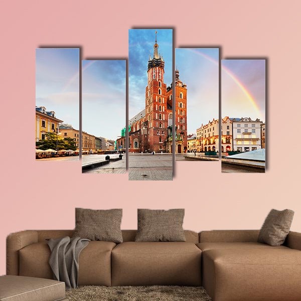 St. Mary's basilica in main square of Krakow with rainbow wall art