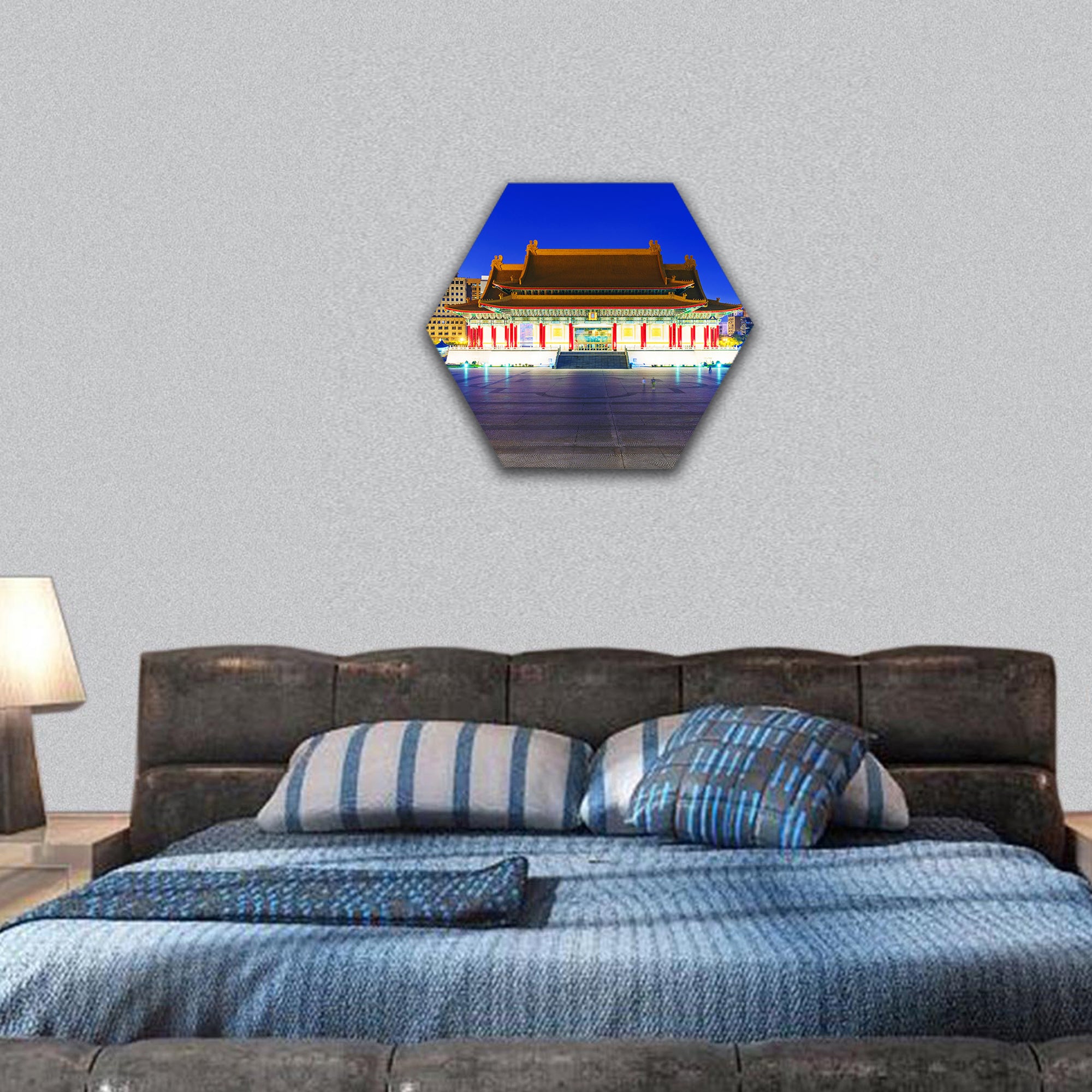 Taipei National theater and concert hall at night hexagonal canvas wall art