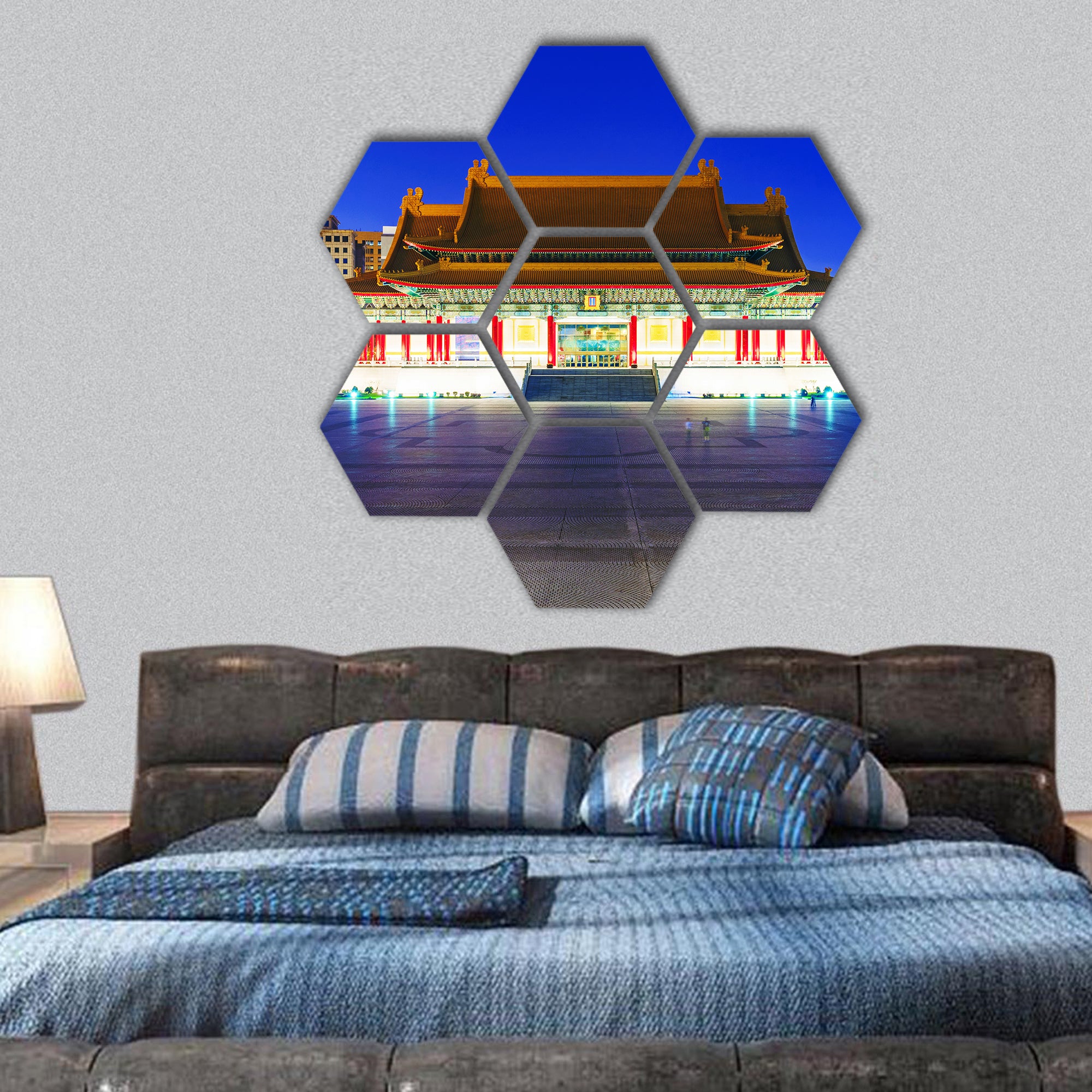 Taipei National theater and concert hall at night hexagonal canvas wall art