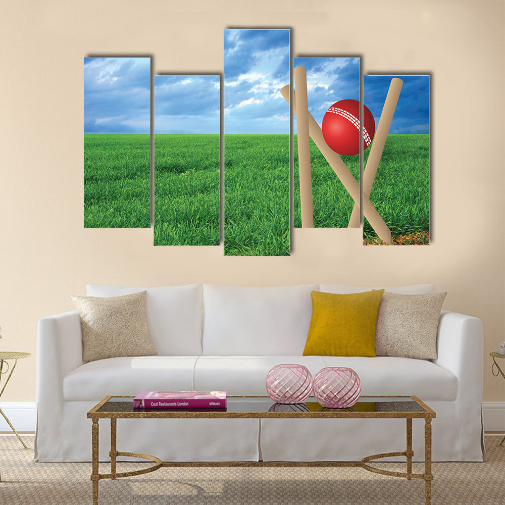 Grass and cricket set with blue sky Multi panel canvas Wall art